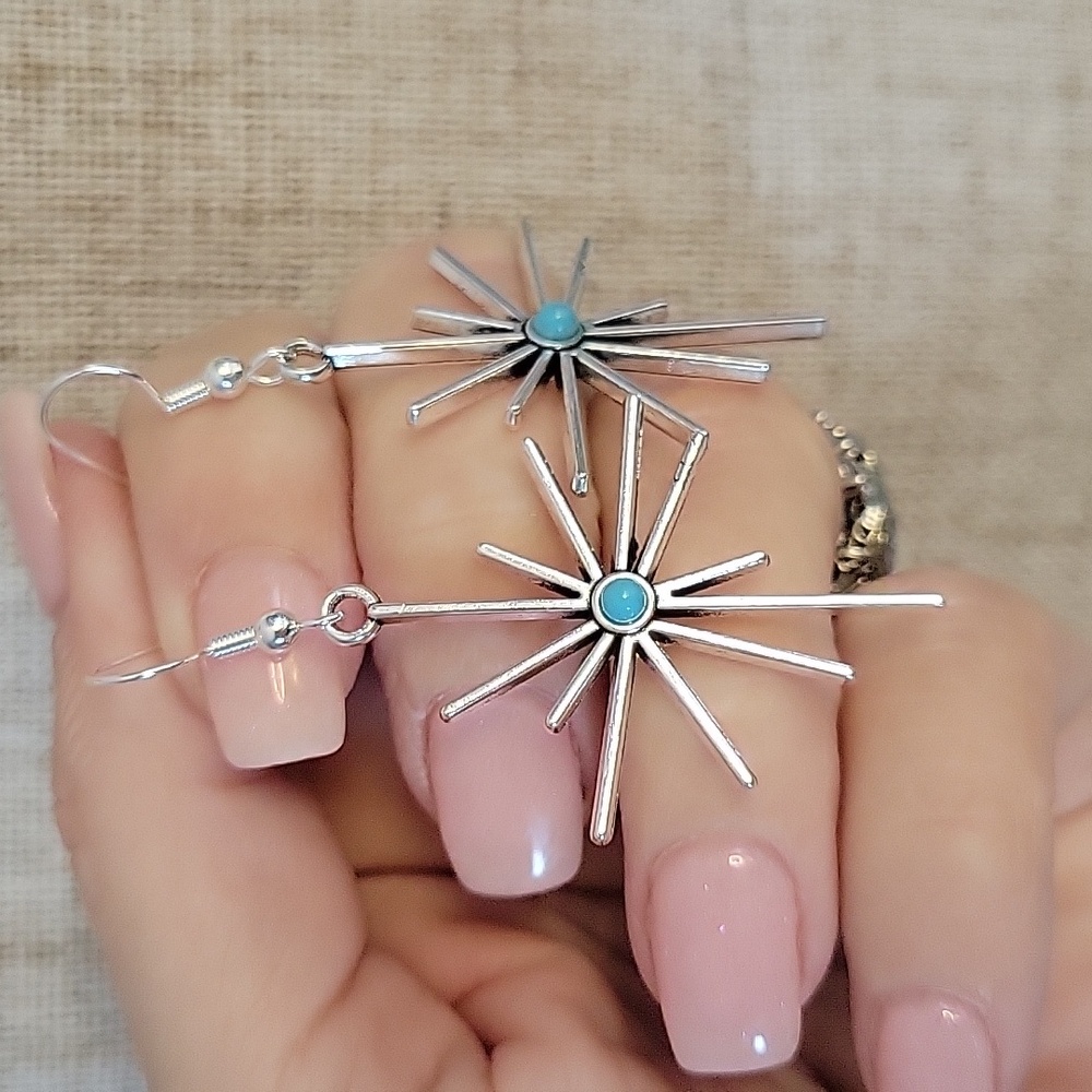 Southwest Silver Starburst Earrings with Turquoise Accent